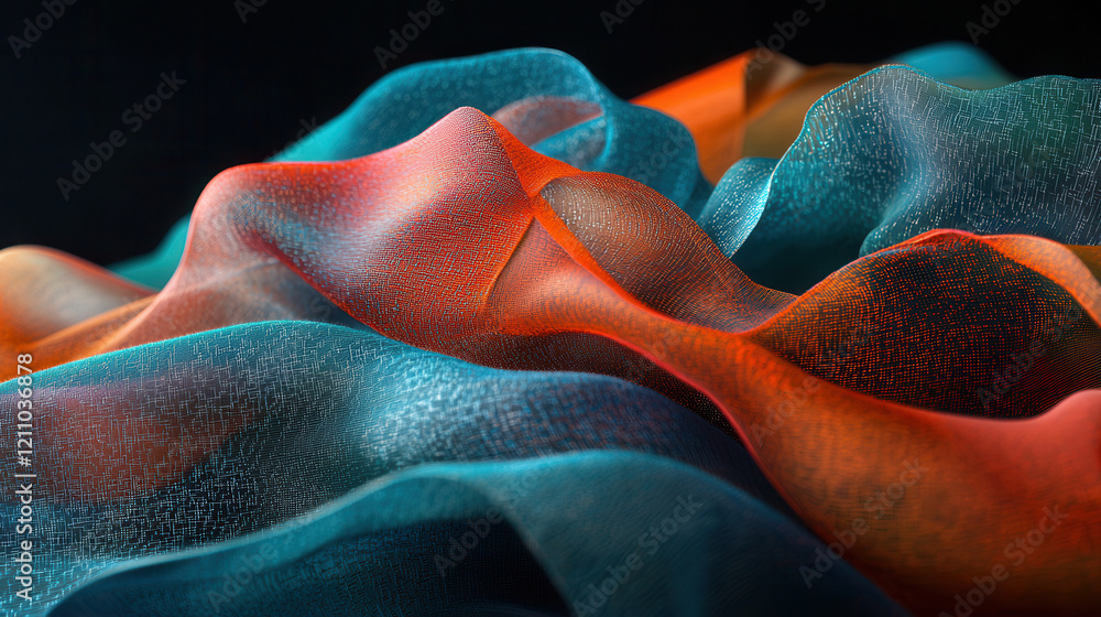 Poster vivid waves of translucent silk in orange and teal hues, resembling futuristic nano circuit patterns