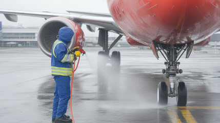 cleaning crew member sprays water on airplane nose section, ensuring it stays clean and well maintained