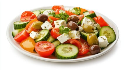A plate of colorful Greek salad with ripe tomatoes, cucumbers, olives