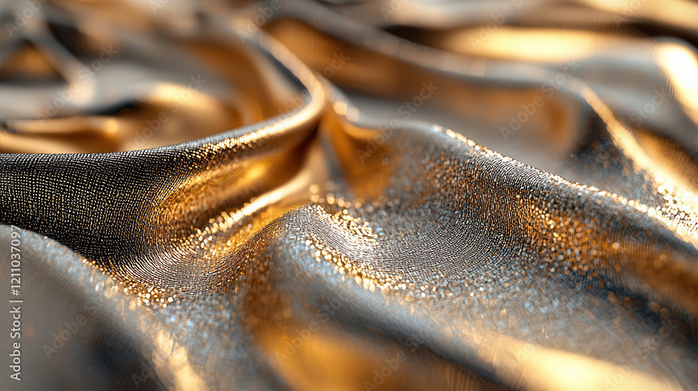 Poster golden metallic fabric with textured surface, highlighted by soft light, creating luxurious and eleg