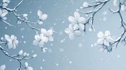 Snowy Winter Blossoms, Branches, Frost, Background, Design