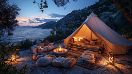 Sunset Glamping by the Ocean: Cozy Tent with Lanterns and Firepit