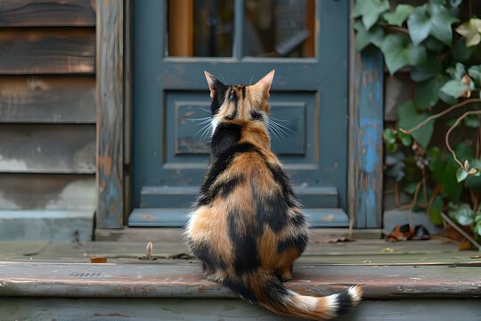 Calico cat sitting on front porch steps looking at closed vintage blue door, back view perspective creates heartwarming scene perfect for pet care and home lifestyle content.
