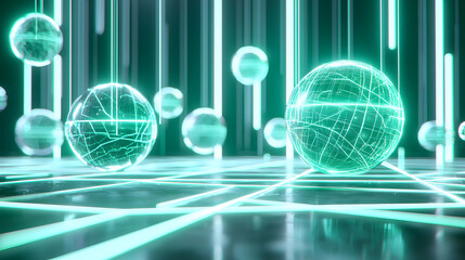 Illuminated spheres in a futuristic digital landscape virtual space 3d graphics neon environment abstract concept