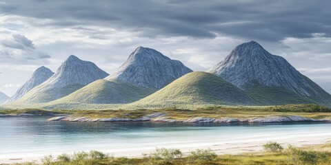 Scenic coastal mountains, tranquil bay, cloudy sky; travel, nature