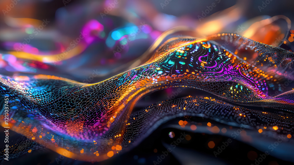 Poster vibrant, futuristic fabric with glowing patterns and textures, illuminated under soft natural light,