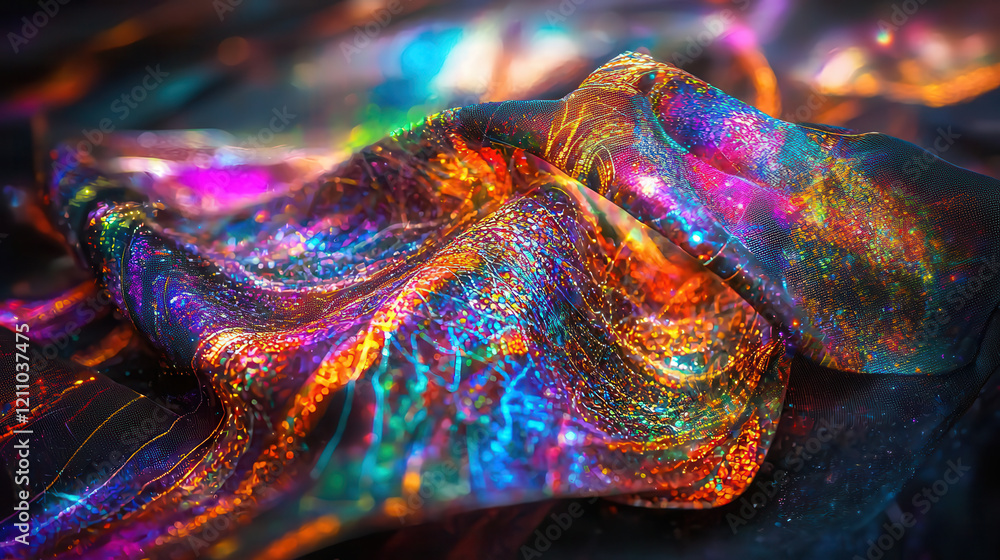 Poster vibrant, glowing fabric with futuristic patterns and shimmering colors, illuminated under soft natur