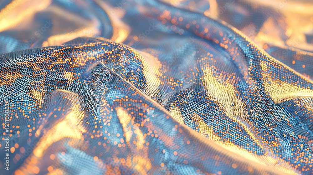 Aufkleber shimmering fabric with silky texture and embedded nano tech patterns, reflecting golden and blue hue