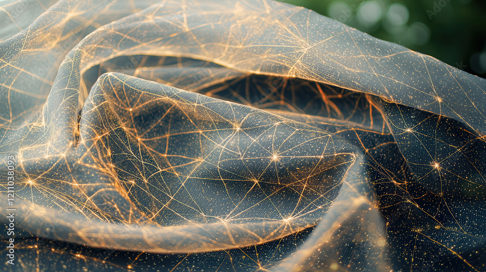 Poster silky shimmering fabric with embedded nano tech radiant patterns, glowing softly in futuristic desig