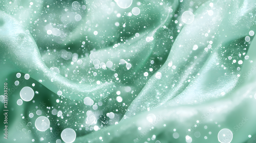 Poster fluid motion of soft green textiles abstract space artistic composition ethereal atmosphere close-up