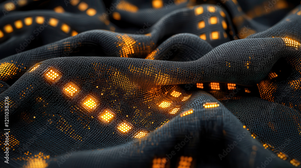 Poster shimmering black fabric with glowing orange nano patterns, creating futuristic and intricate design