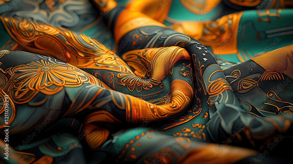 Poster luxurious fabric with intricate orange and teal patterns, featuring shimmering nano details and flow