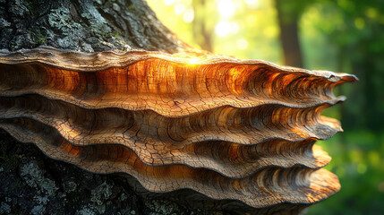 Close-up of a large, layered, brown fungus growing on a tree trunk in a sunlit forest.