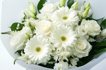 Bouquet of white flowers on a white background, top view