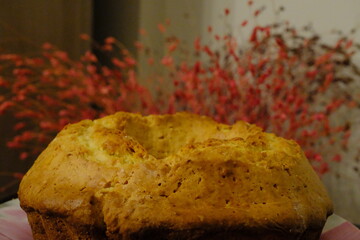 Homemade orange cake close-up. Practical cake recipe. Pastries. Healthy diet.