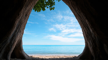 serene view of beach framed by large tree trunk, showcasing ocean and sky. scene evokes tranquility and natural beauty