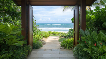 serene view of ocean through open door, surrounded by lush tropical plants, invites relaxation and tranquility