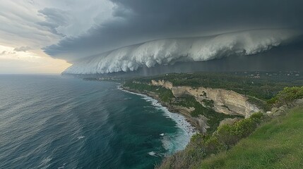Dramatic shelf cloud over coastal cliffs and ocean.