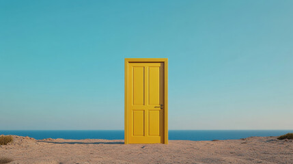 golden hued door stands alone in desert landscape, leading to refreshing ocean view