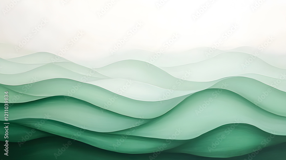 Poster fluid green waves moving in harmony abstract art minimalist style calm environment elevated viewpoin