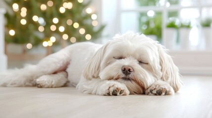Fluffy dog sleeping peacefully near Christmas tree.  Holiday card, pet website