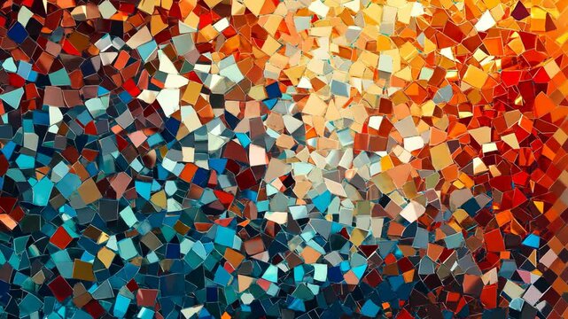 Colorful mosaic tiles create an artistic pattern in shades of blue, orange, and gold, showcasing skillful craftsmanship and design diversity