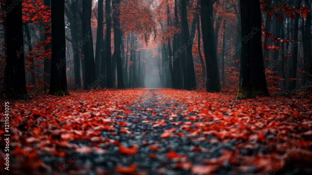 Poster autumn forest path shrouded in mist creating a serene and mysterious atmosphere