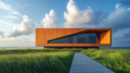 Modern wooden house on grassy dune overlooking ocean, sunset.