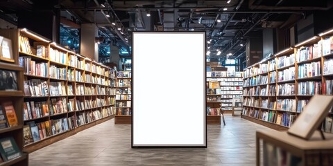 White billboard stands in a bookstore, ideal for advertising.