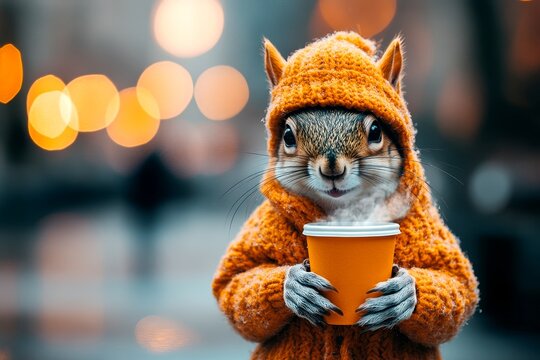 Sad cute adult animal squirrel in winter warm clothes, holding warm drink with rising steam in paws. Problem of cold animals. Social commercial - animal care. Humanity nature advocacy.