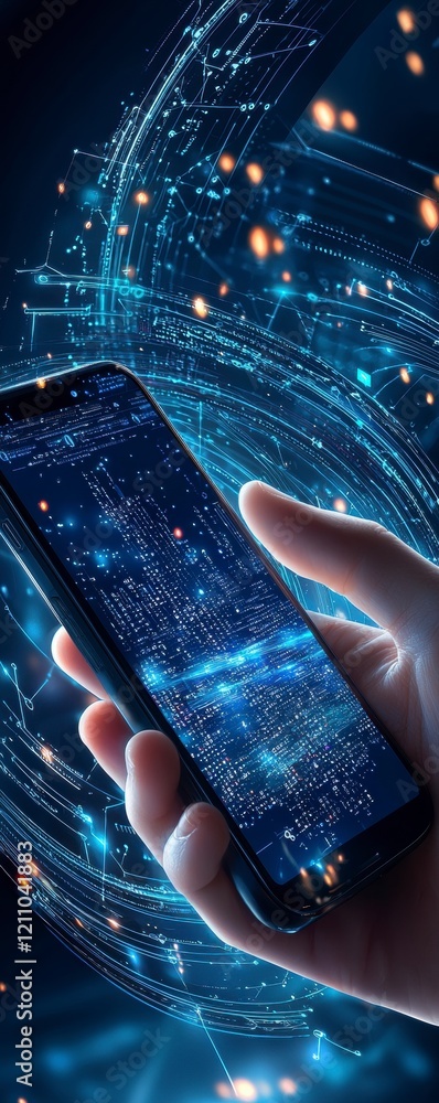 Poster exploring digital innovation a hand holding a smartphone with data visualizations futuristic environ