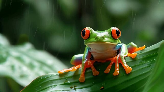 A red-eyed tree frog sits on a leaf in a rainforest