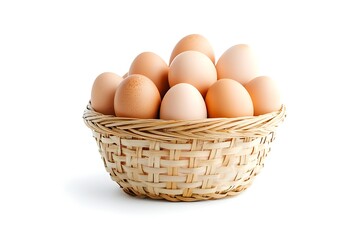 Eggs in a wicker basket on a white background.
