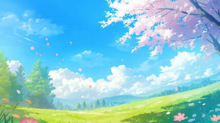 Obraz premium Bright Spring Landscape with Cherry Blossoms, Wildflowers, and Clear Blue Sky