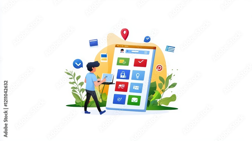 Poster exploring mobile app features for enhanced user experience digital environment illustration outdoor 
