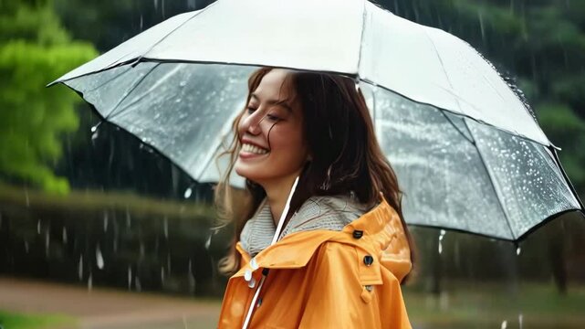 A joyful woman in an orange raincoat stands under an open umbrella