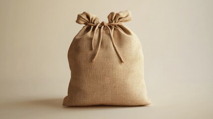 Tied burlap sack studio shot, beige background