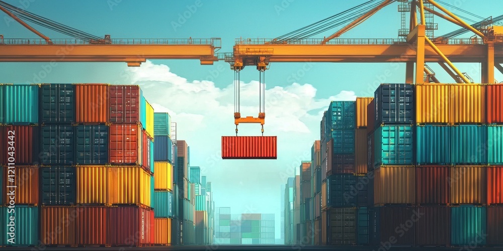 Poster crane lifting a shipping container in a busy container yard.