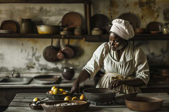 African Slave Cook working tirelessly in colonial kitchen highlighting servitude and historic inequalities faced by black women