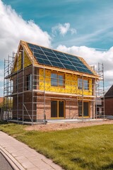 Obraz premium New Eco-Friendly Home Under Construction with Solar Panels