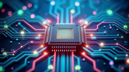 Microchip surrounded by colorful circuit pathways in high-tech environment under vibrant lighting