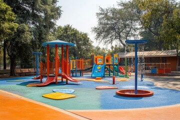 Colorful Outdoor Playground with Water Features, Slides, and Play Structures Surrounded by Greenery in a Sunny Day Setting for Children’s Recreation and Fun