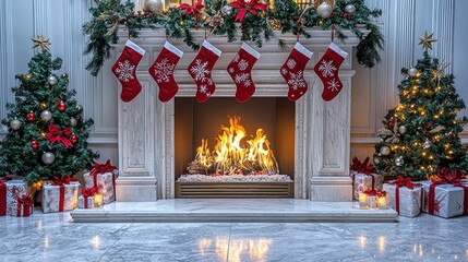 Festive Christmas Fireplace with Decorated Trees and Gifts, Evoking Warmth and Joyful Holiday Spirit