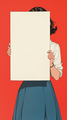 Obraz premium 何も書いてない白のカードを持った女性。80年代90年代の日本のアニメをモチーフにしたレトロなイラスト。スマートフォン9:16のアスペクト比