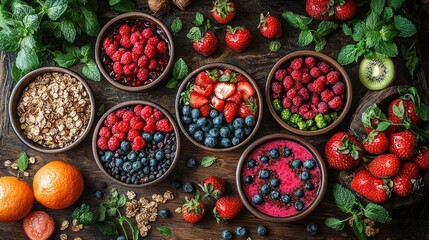 Colorful assortment of fresh fruits and granola arranged on wooden table showcasing summer harvest abundance