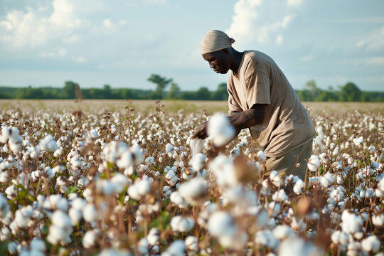 African Slave Picking Cotton in colonial plantation field highlighting exploitation and cultural resilience of African heritage