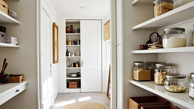 Organized food pantry closet in cozy cottage style home