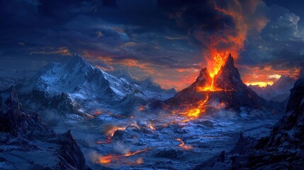 Erupting volcano amidst snowy mountains at sunset.