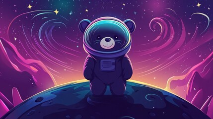 Adorable bear astronaut on a purple planet. Space adventure!