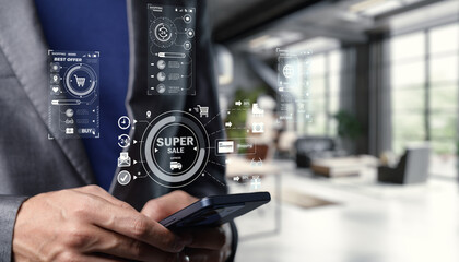 Modern Online Shopping Concept with Mobile Phone and Graphics Business shop online product export